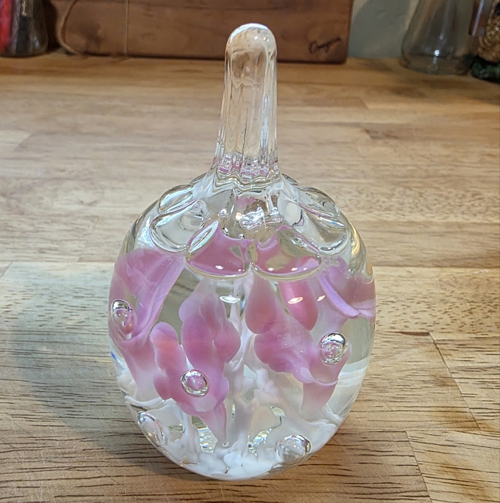 Vintage Joe Rice Art Glass Paperweight Ring Holder Pink Flowers 1997